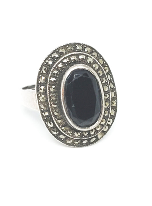 Art Deco marcasite black gemstone sterling silver ring signed W 925 size 6