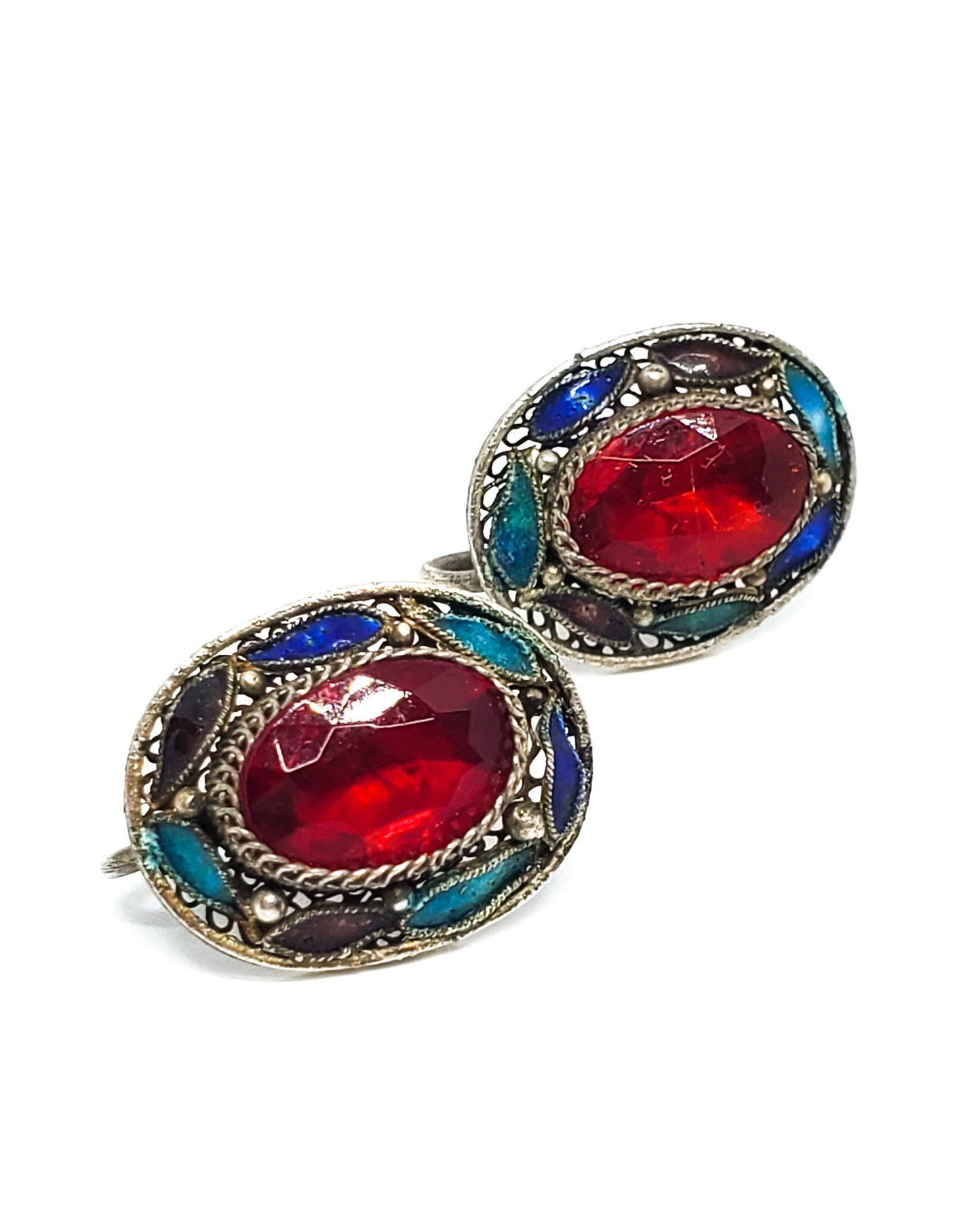 Chinese Export Red Enamel gold over sterling silver vintage screw back earrings