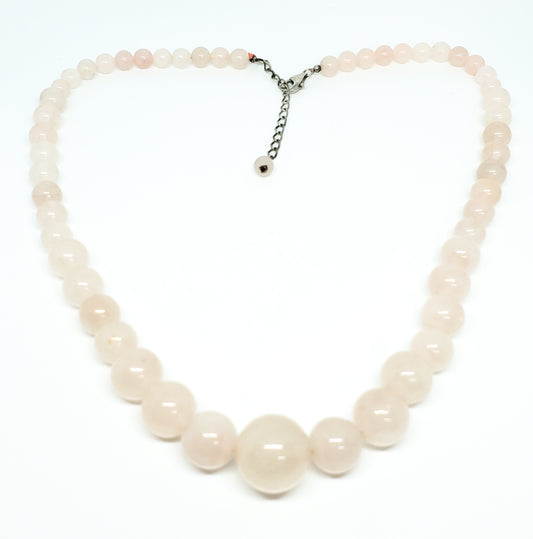 PZO Rose quartz natural gemstone graduated sterling silver beaded necklace 925