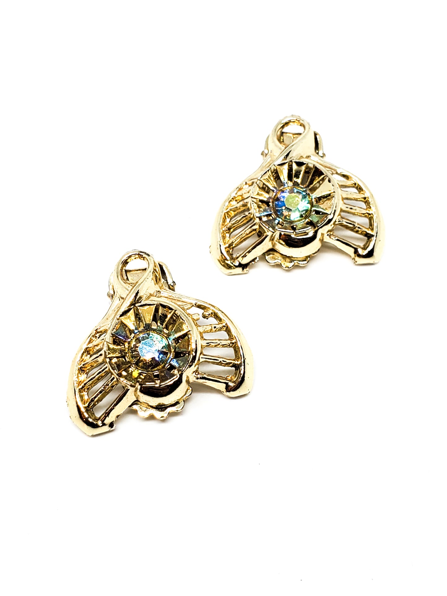 Aurora Borealis gold toned cup vintage rhinestone clip on earrings mid century