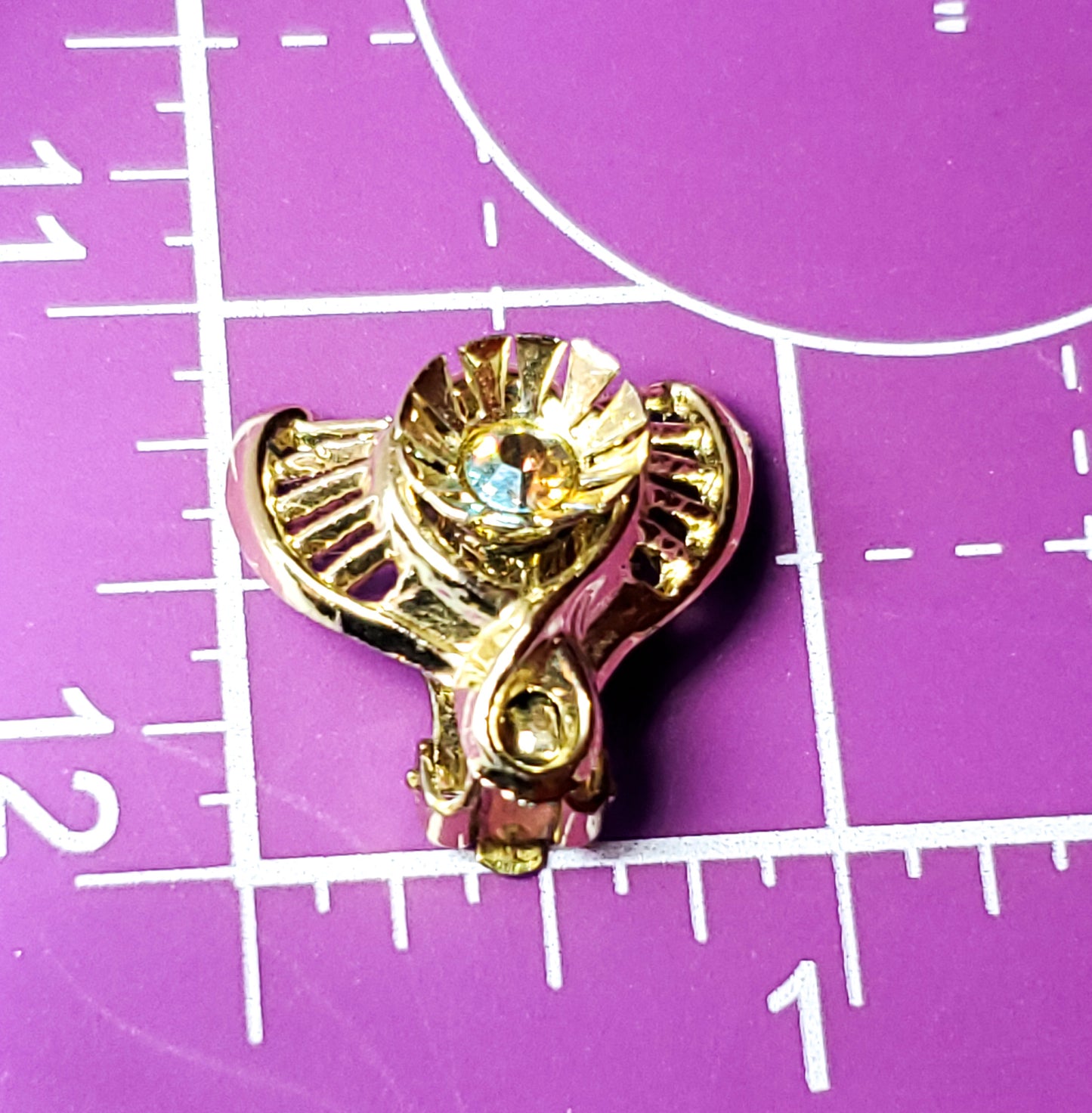 Aurora Borealis gold toned cup vintage rhinestone clip on earrings mid century