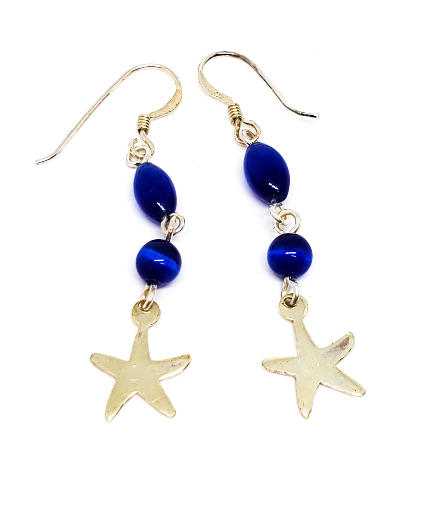 Blue cat's eye glass sterling silver star drop vintage earrings 2 inches 925