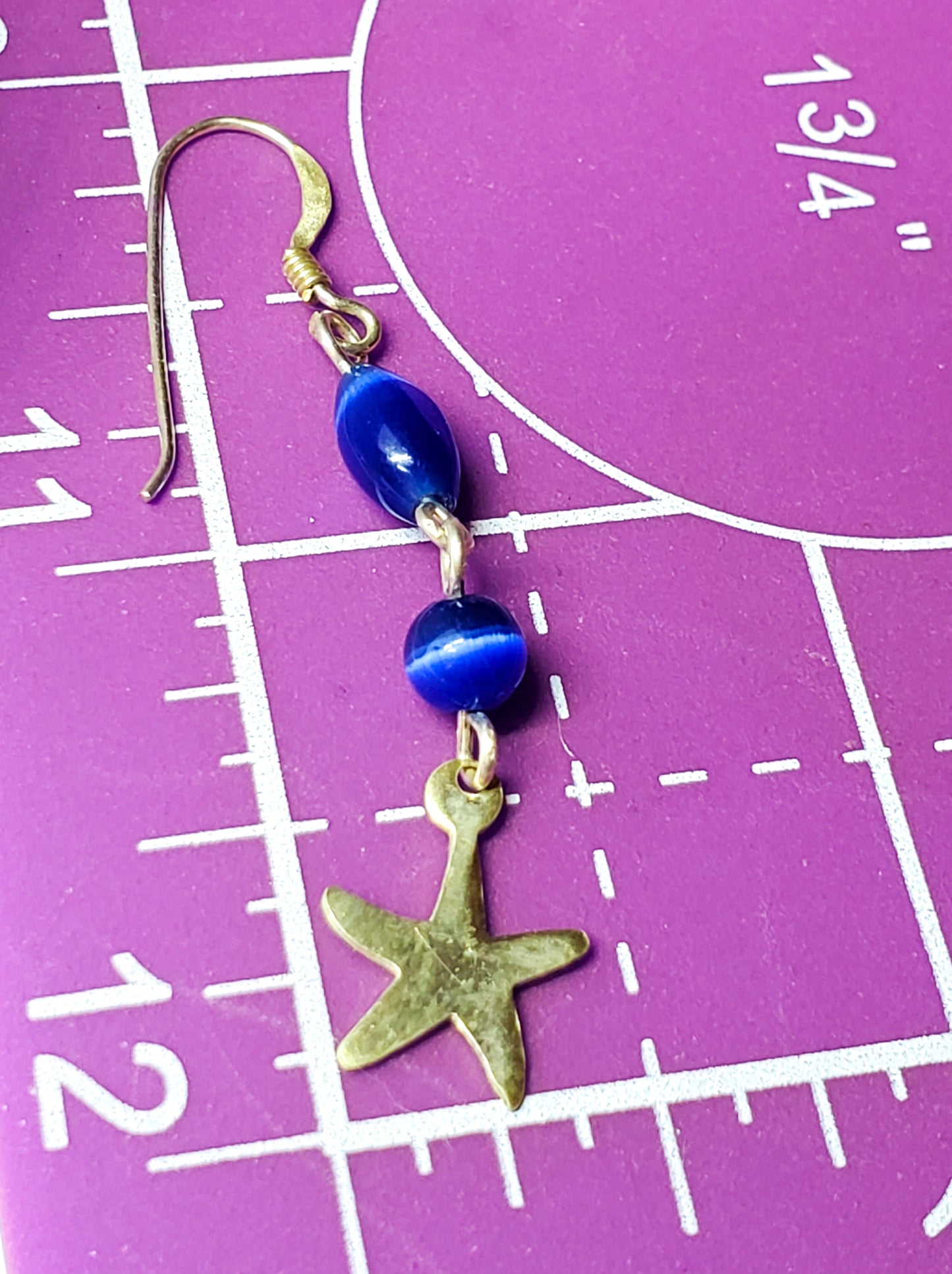 Blue cat's eye glass sterling silver star drop vintage earrings 2 inches 925