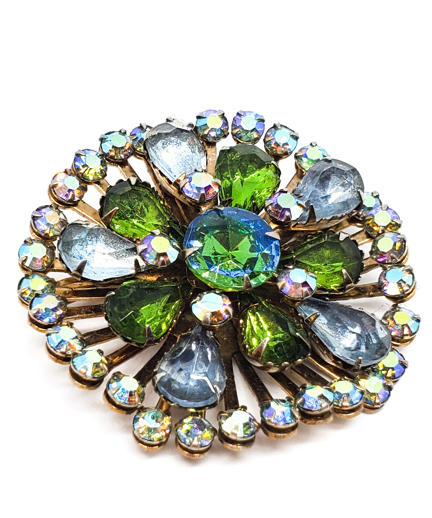 baby blue and green aurora borealis heliotrope rhinestone atomic brooch mid century