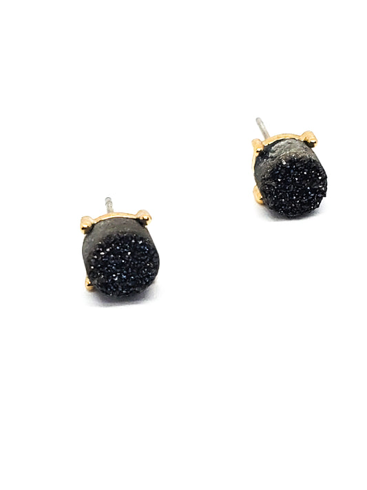 Black sparkling druzy gemstone gold toned post vintage earrings