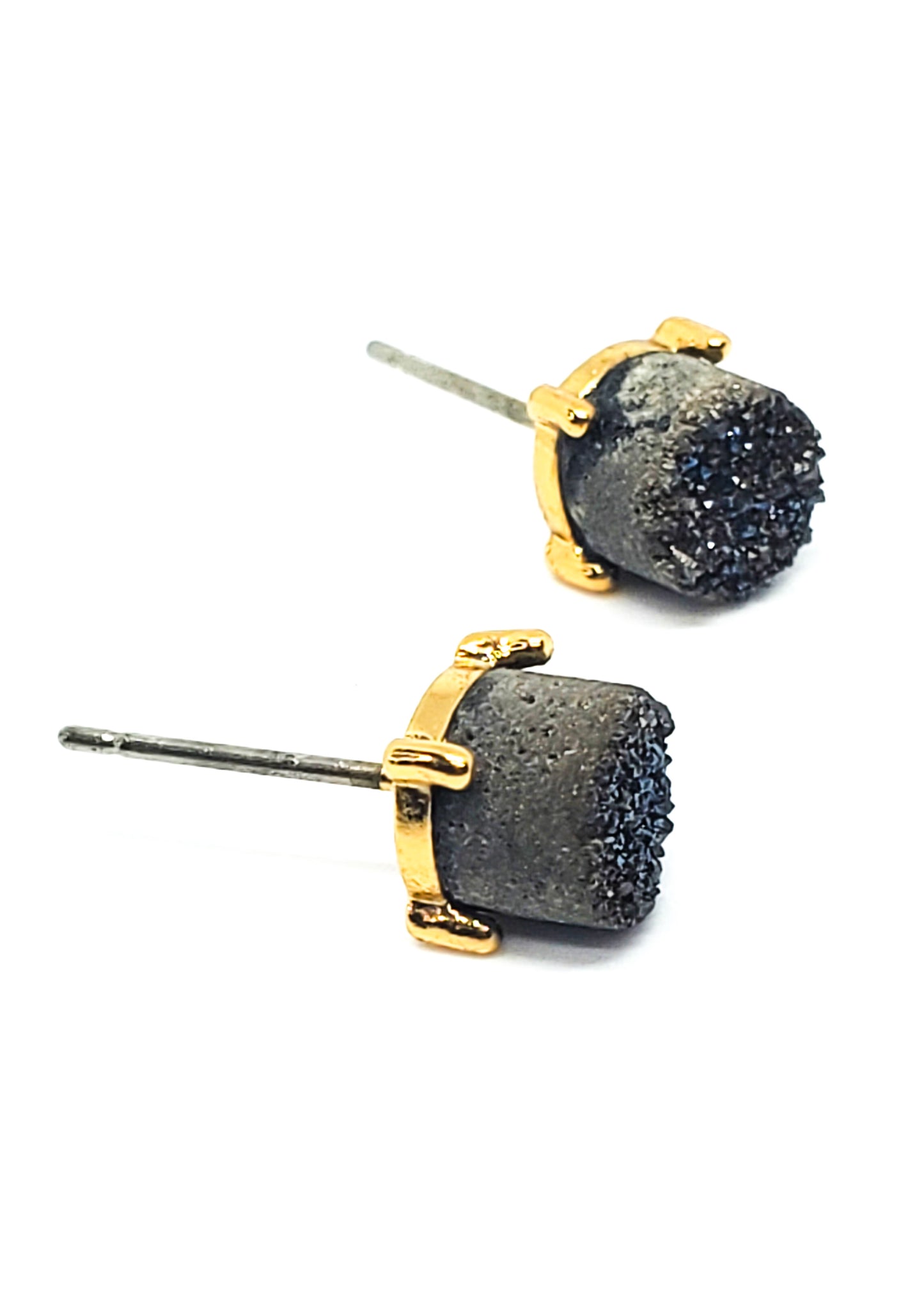 Black sparkling druzy gemstone gold toned post vintage earrings