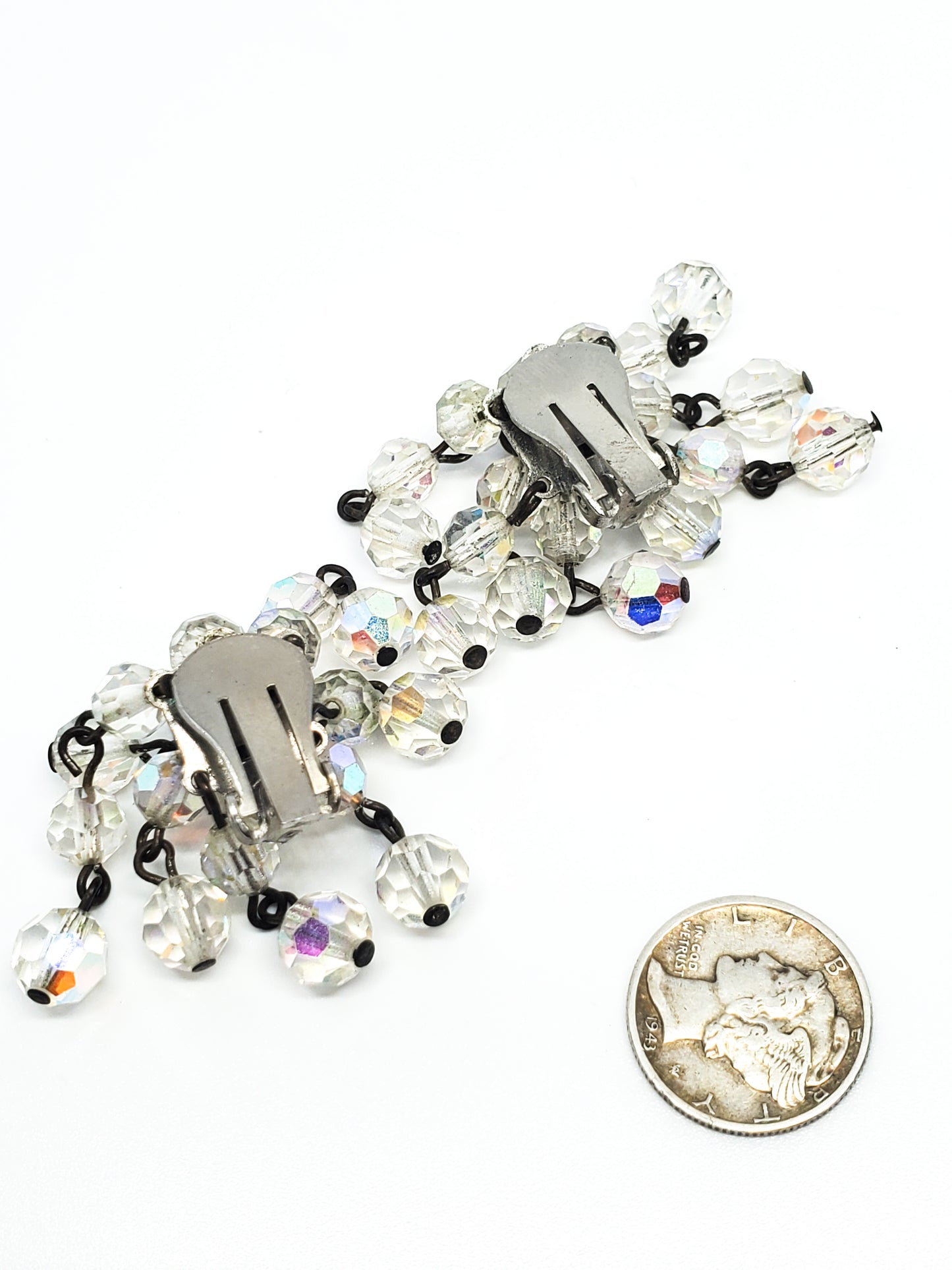 Austrian rainbow crystal waterfall drop beaded vintage clip on earrings mid century