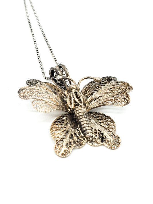 Portugal spun silver large butterfly sterling silver vintage pendant necklace 925