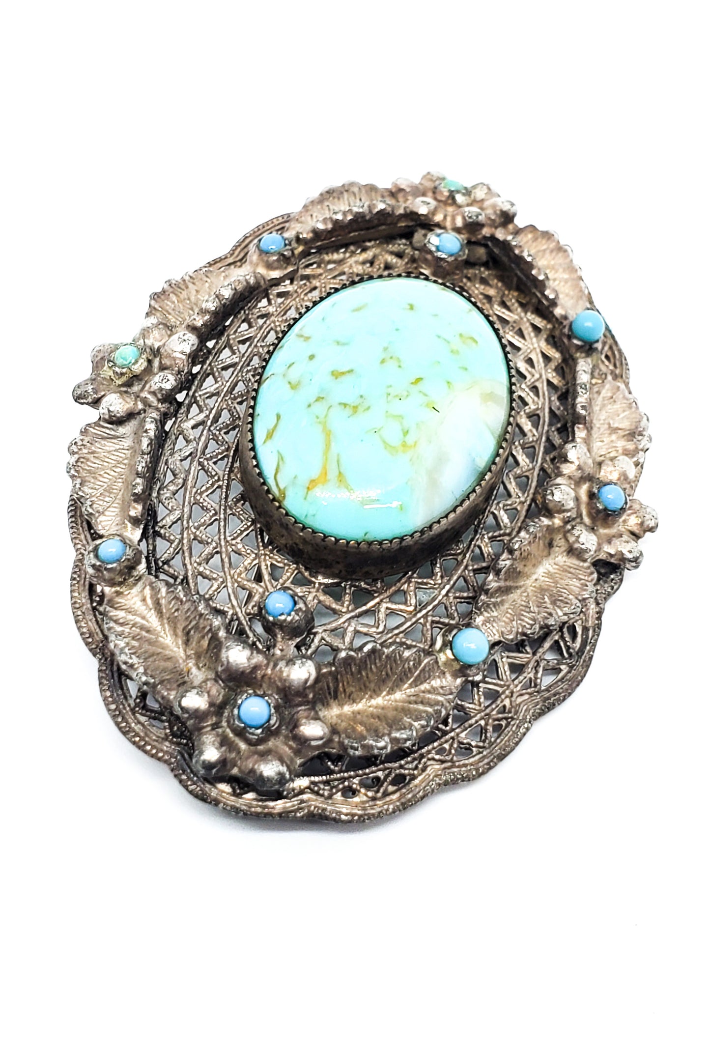 Antique Old Pawn turquoise and glass cab sterling silver artisan brooch