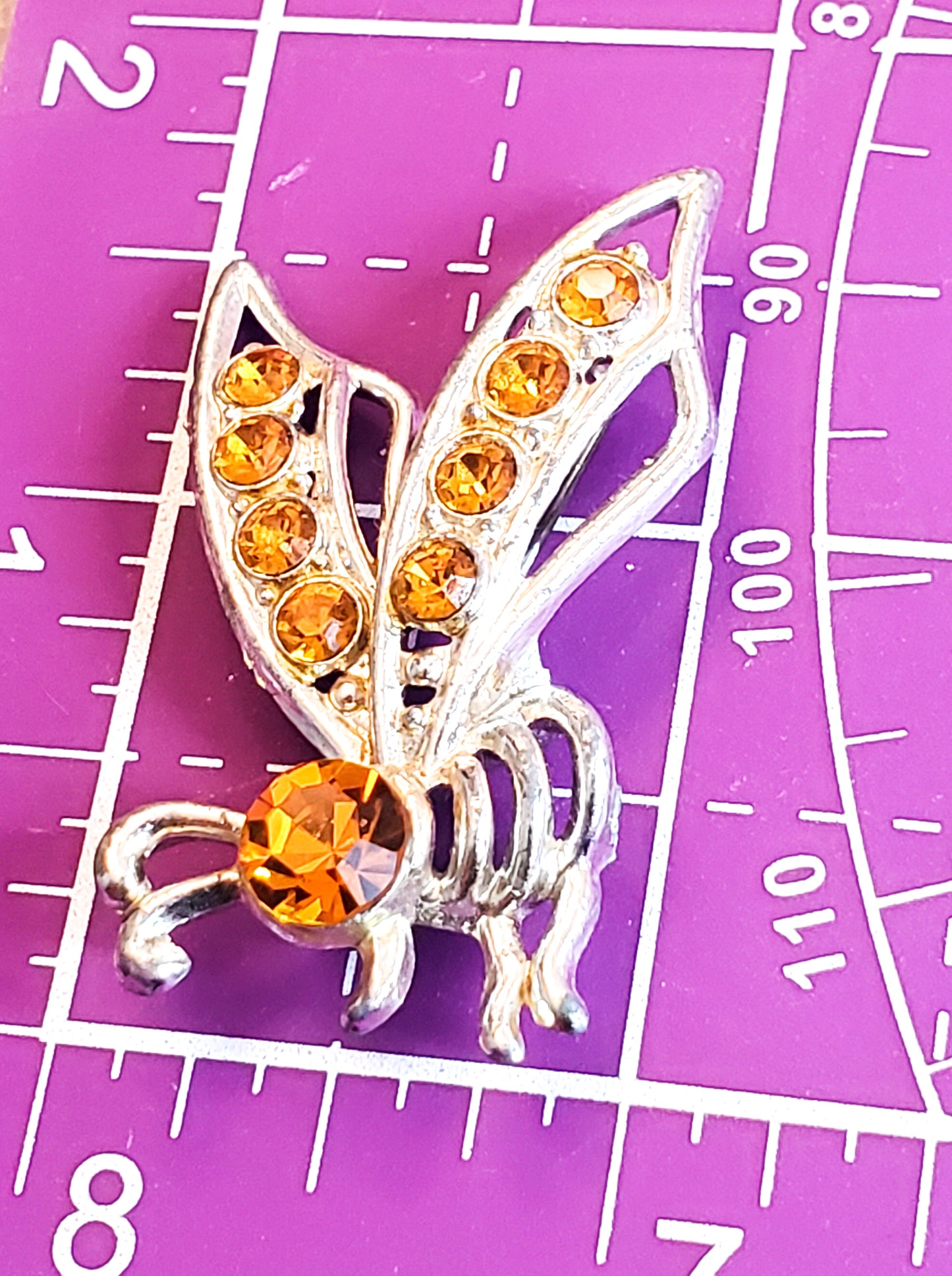 Antique Pot metal orange  rhinestone bee figural bug brooch pin