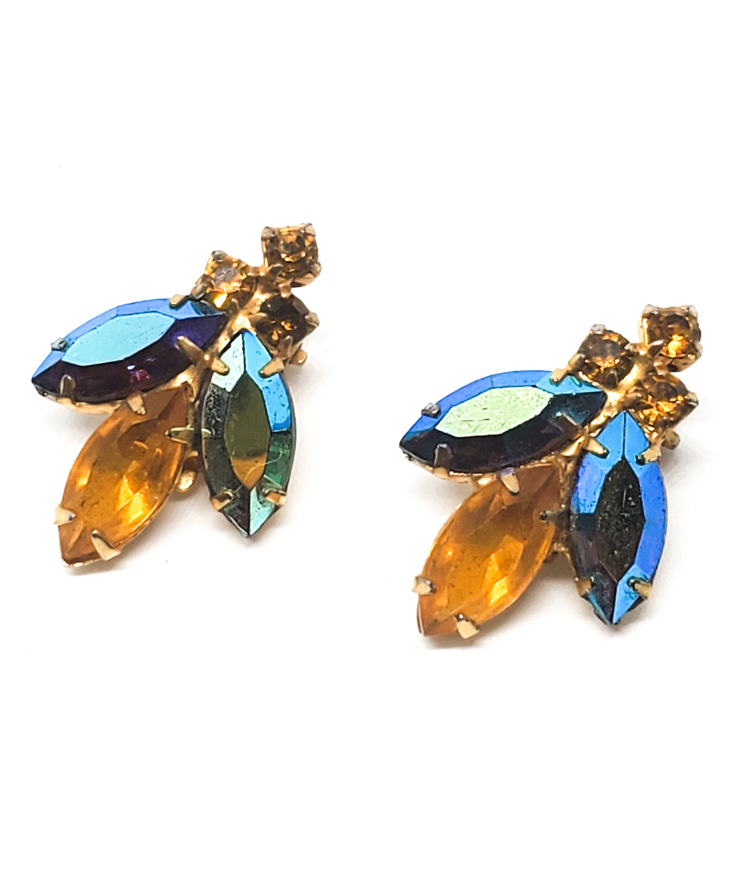 Figural Bee aurora borealis and topaz rhinestone vintage clip on earrings