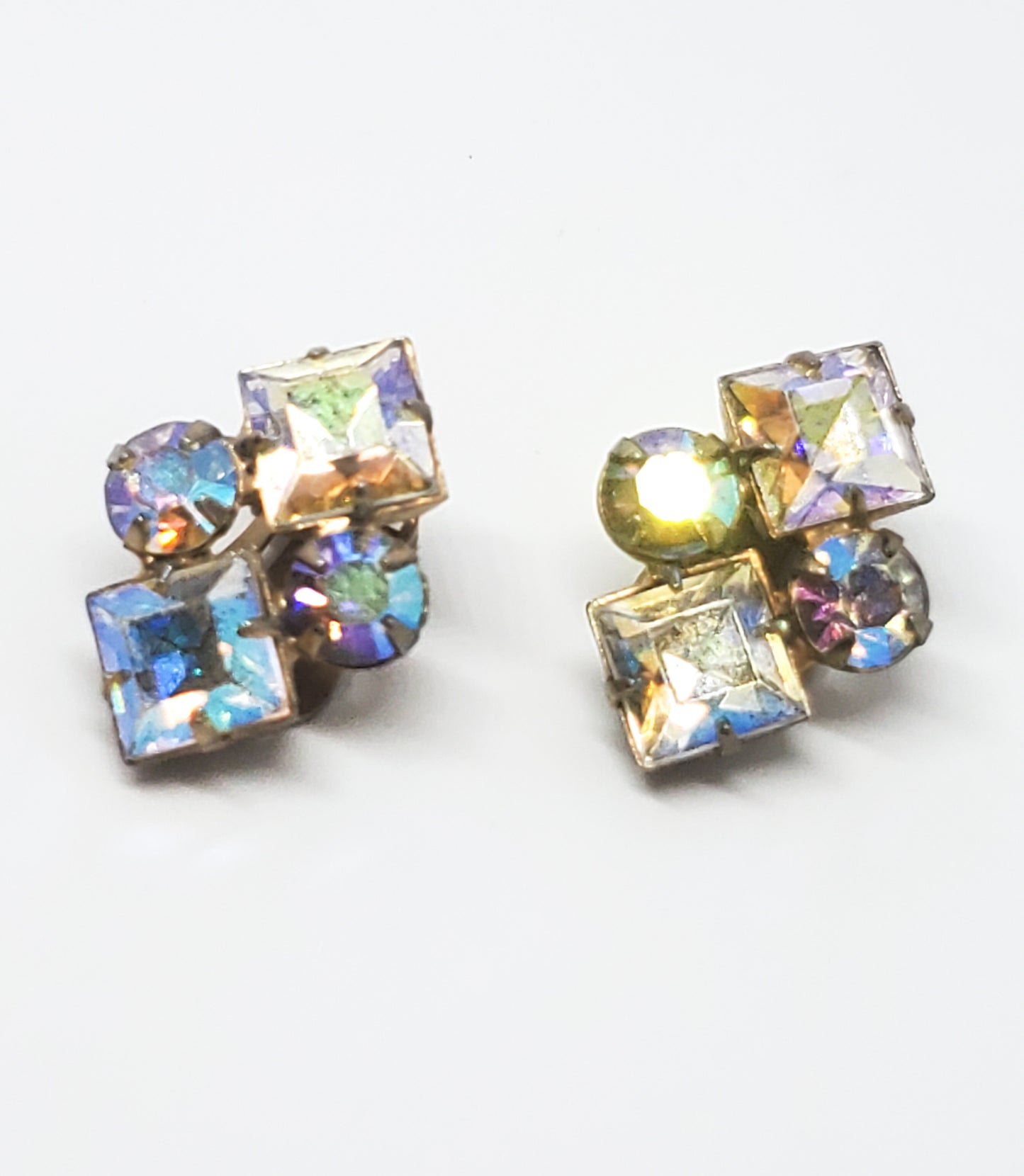 Weiss princess cut aurora borealis vintage rhinestone clip on earrings