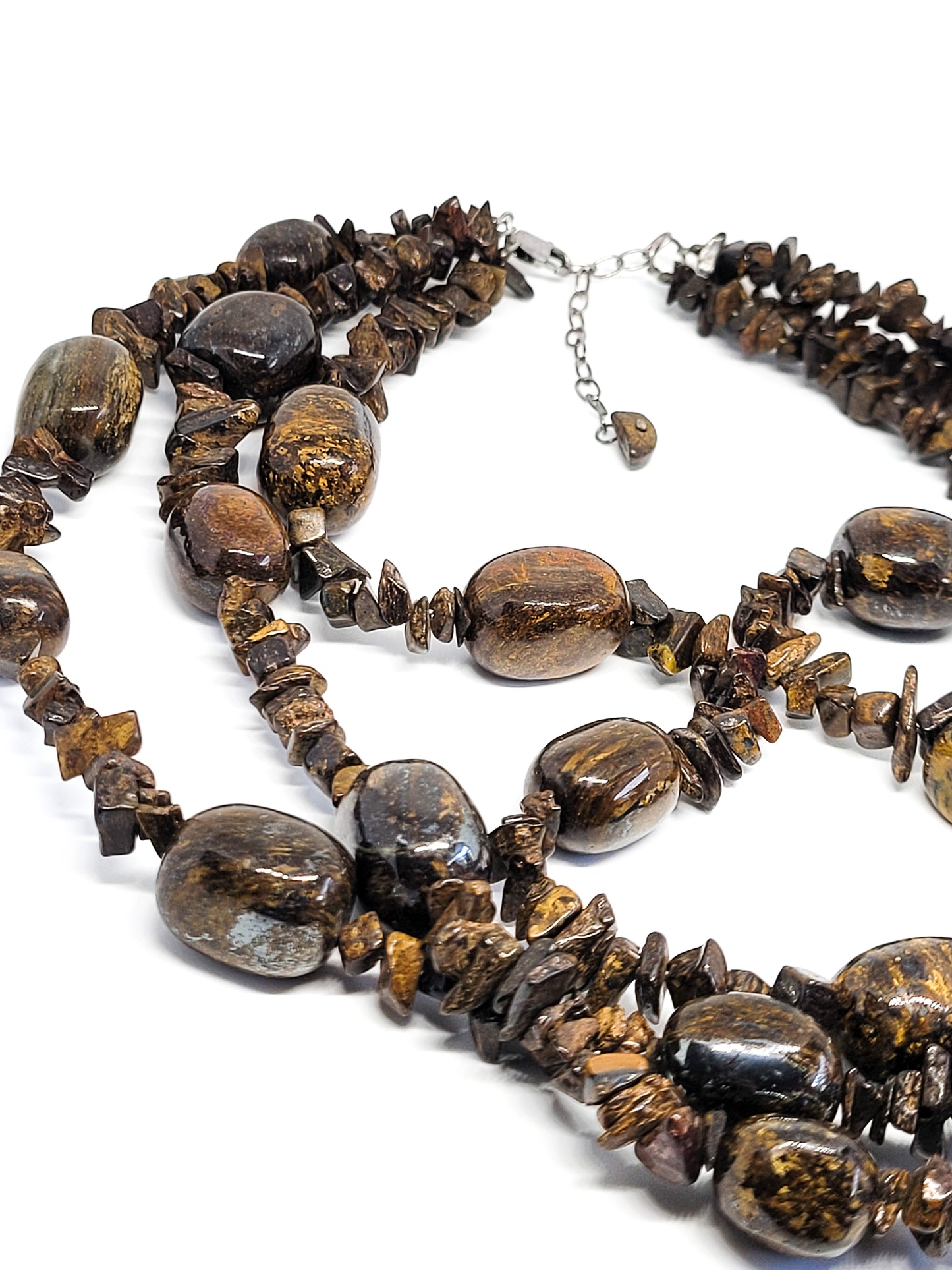 Tiger Iron ore 3 strand beaded sterling silver tiered vintage necklace Tiger eye
