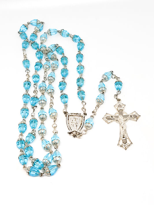 Aqua blue rhodium plated vintage Rosary Saint Anne De Beaupre mid century crucifix