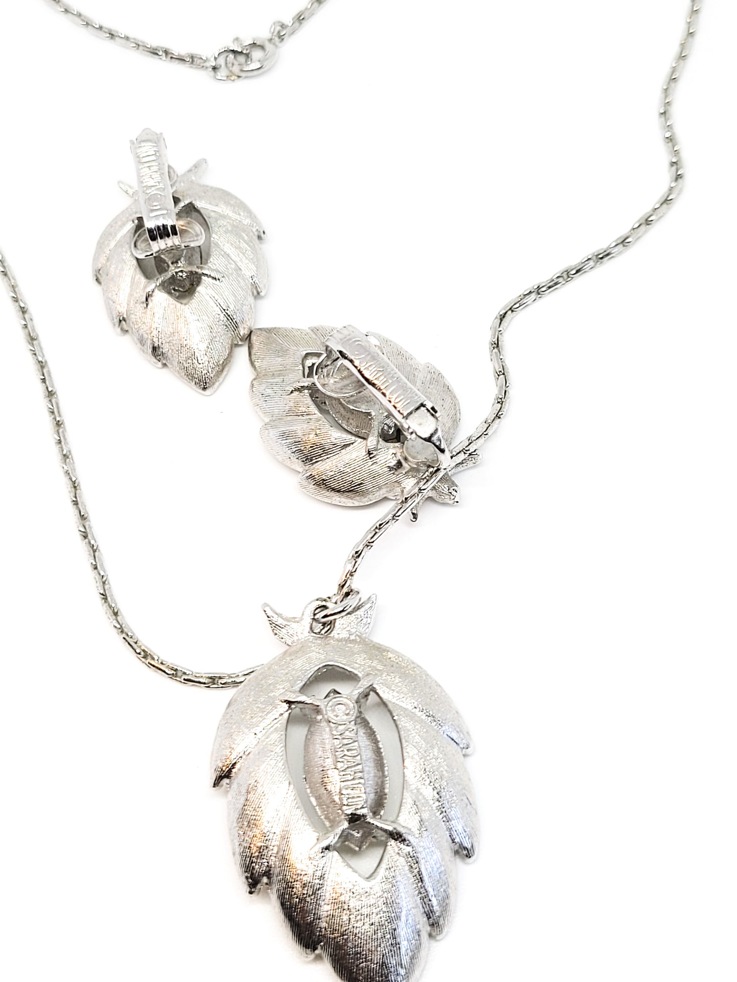 Sarah Coventry silver leaf rhinestone vintage necklace and earrings demi parure set