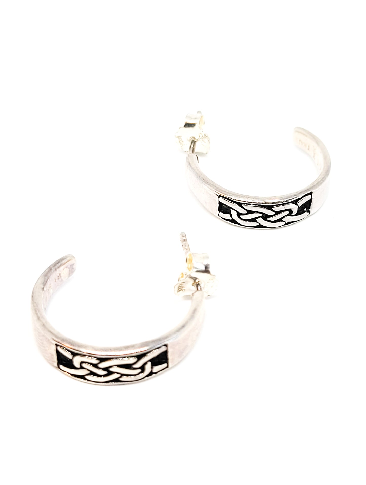 Celtic Trinity knot black enamel sterling silver vintage hoop earrings signed 925