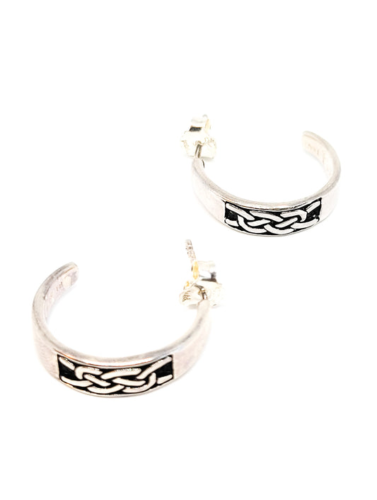 Celtic Trinity knot black enamel sterling silver vintage hoop earrings signed 925