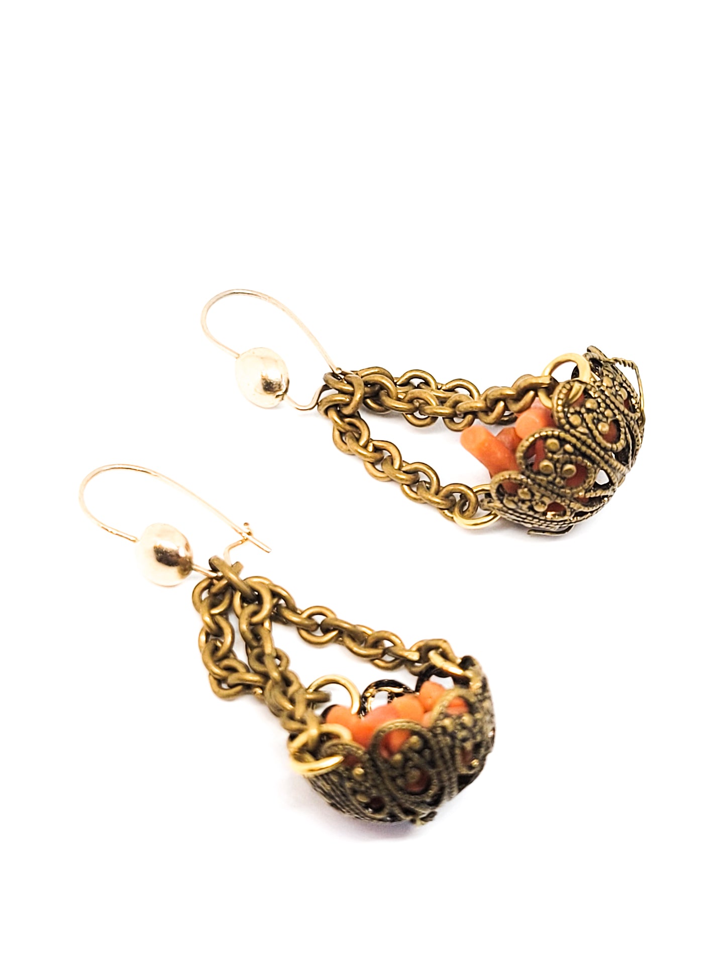 Italian Genuine branch coral hanging basket 10kt gold filled vintage earrings