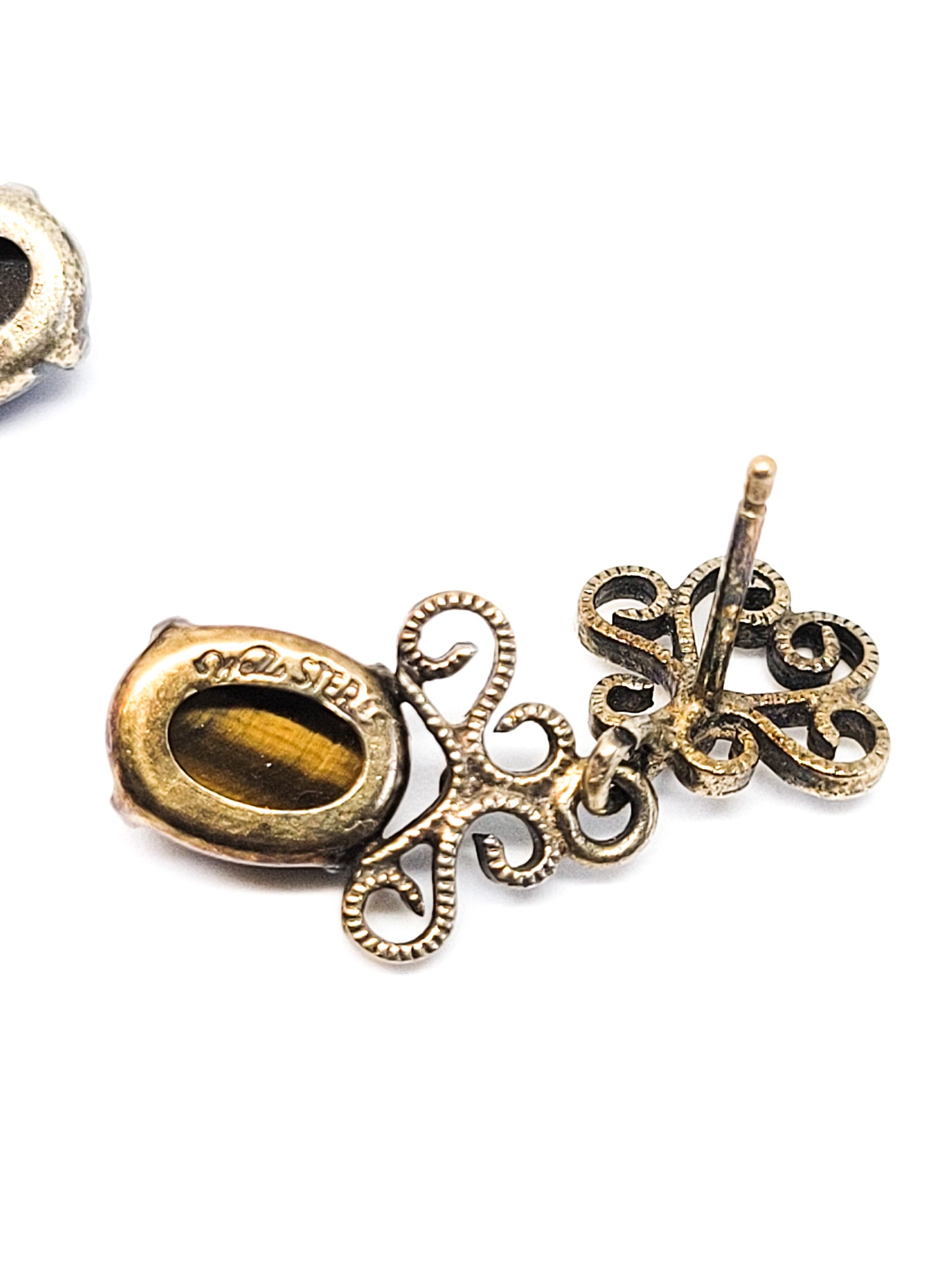 Wells signed gold over sterling silver vermeil Tiger's eye drop vintage earrings 925