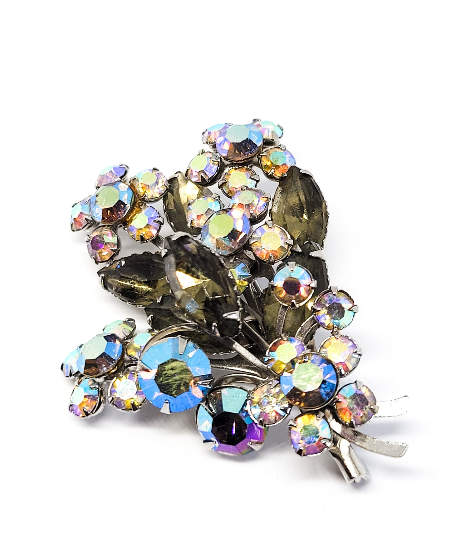 Flower bouquet aurora borealis and smokey rhinestone vintage brooch pin