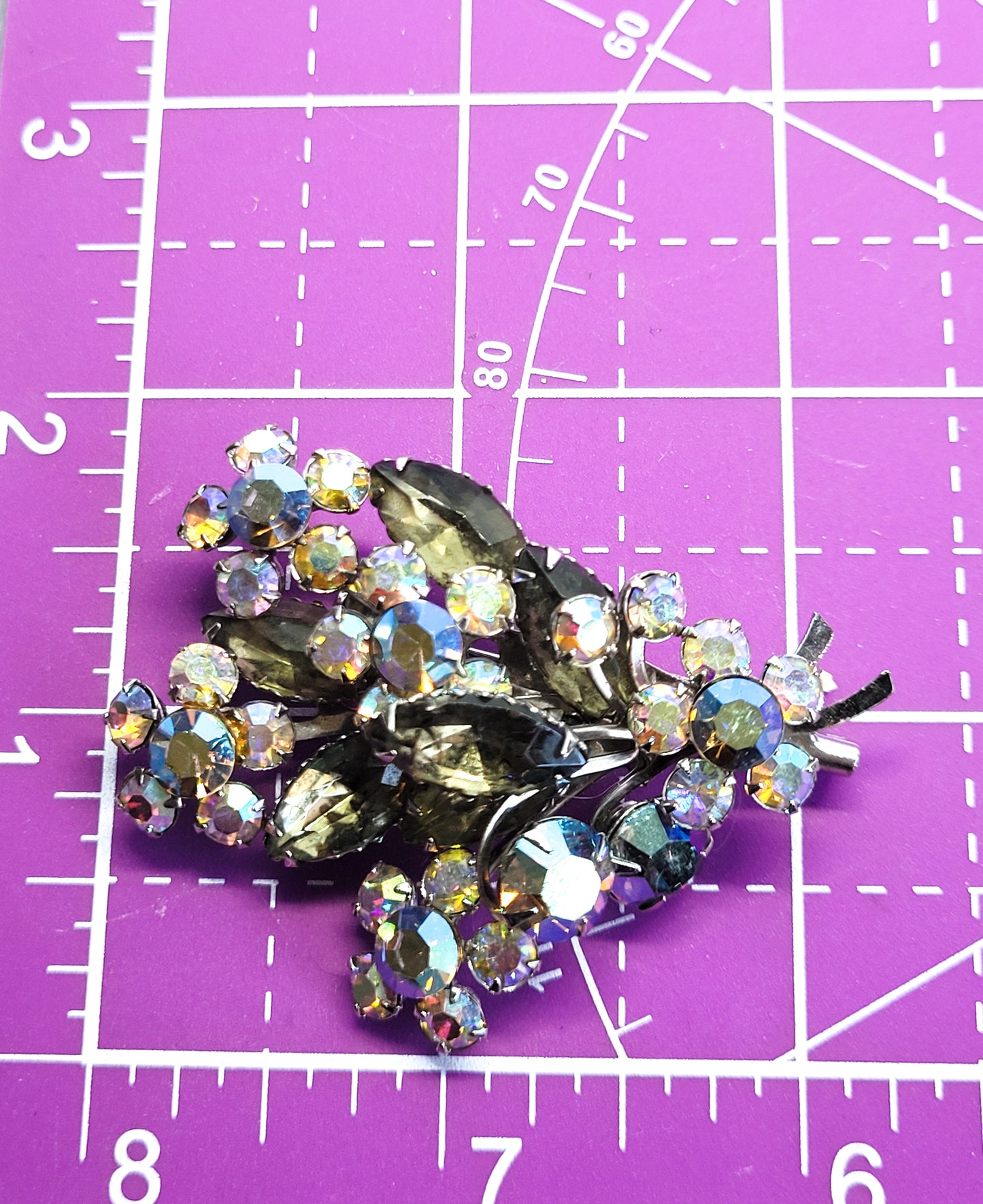 Flower bouquet aurora borealis and smokey rhinestone vintage brooch pin