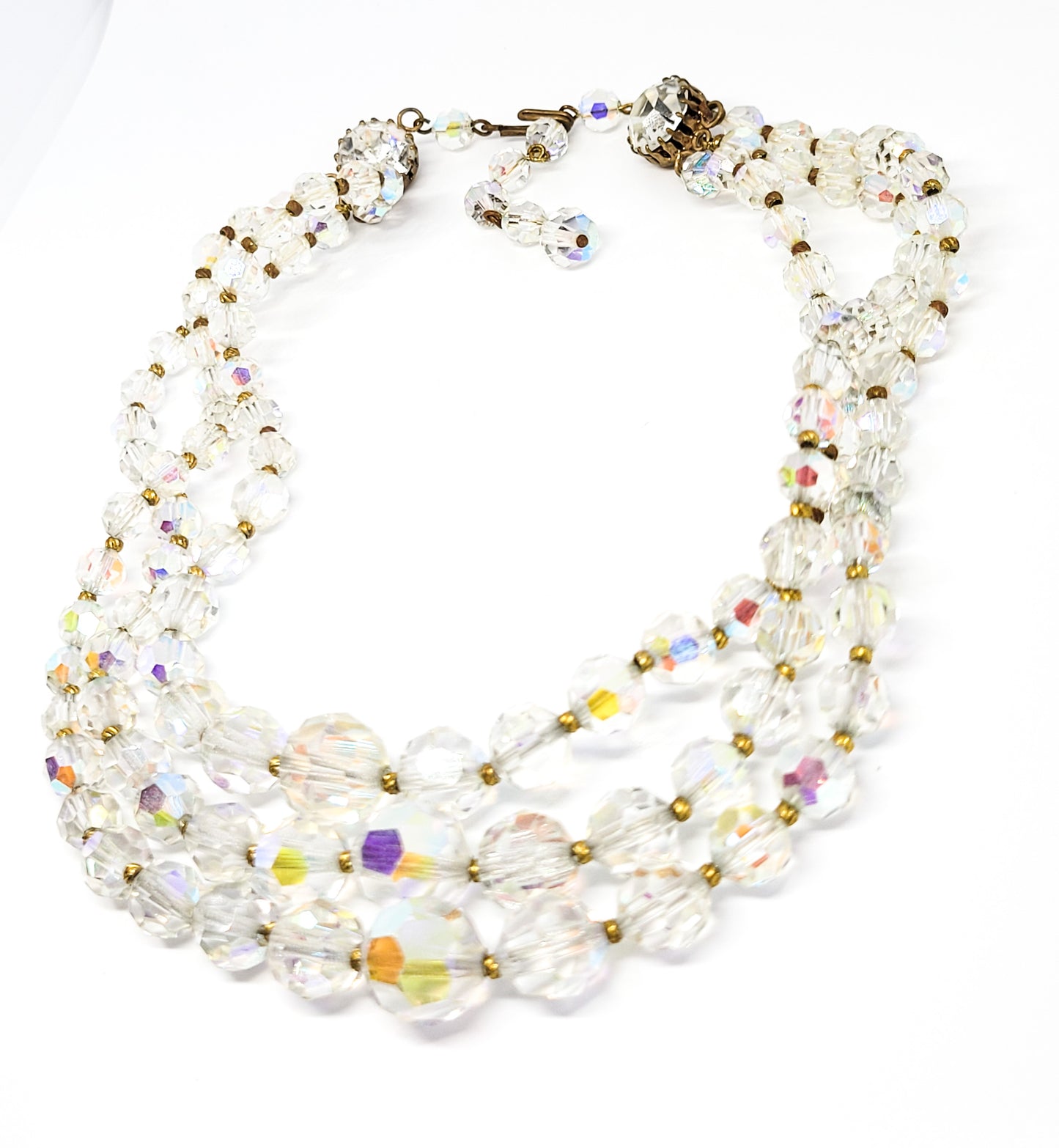 Three Strand Austrian Crystal Aurora borealis graduated vintage rhinestone necklace