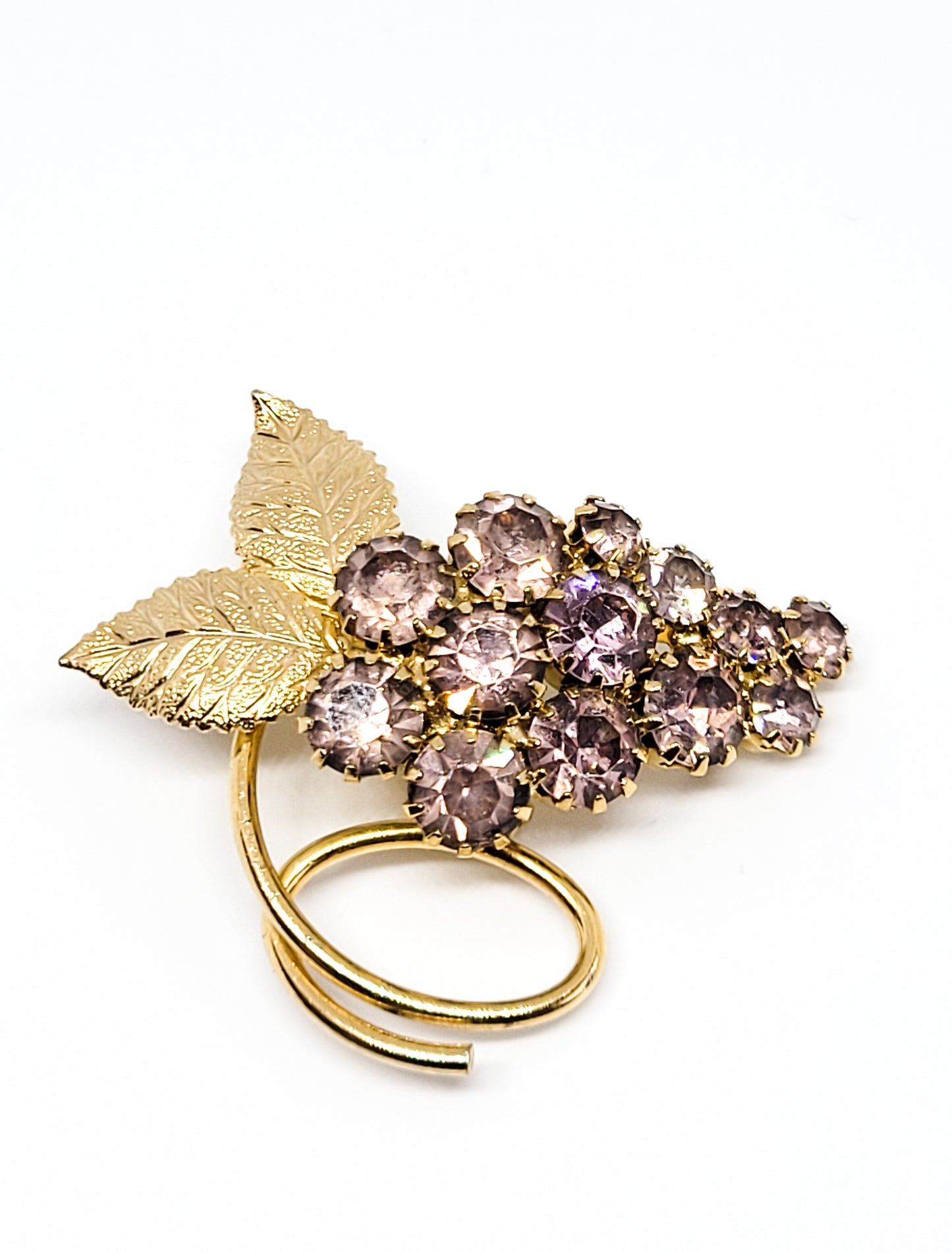 Purple rhinestone gold toned vintage grape cluster brooch