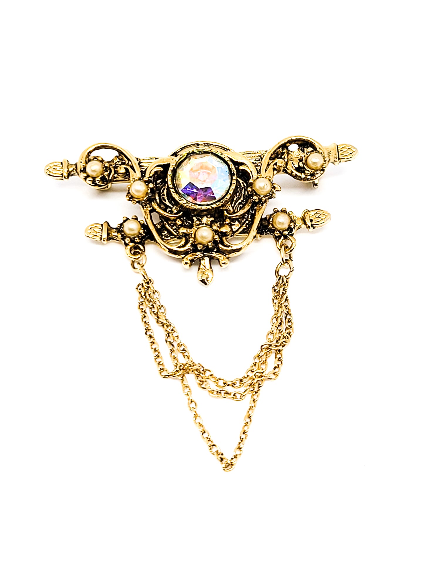 Festoon style pearl and aurora borealis rhinestone vintage brooch