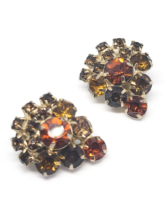 Estate warm topaz and amber vintage rhinestone clip on cluster earrings