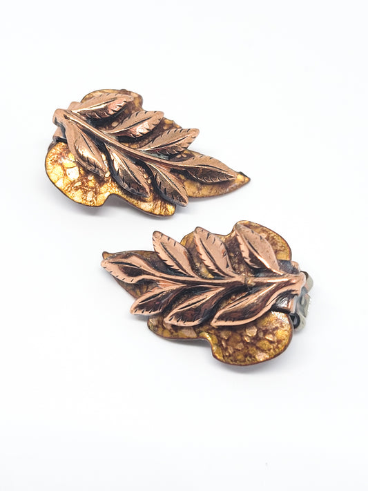 Renoir Matisse copper enamel leaf signed vintage clip on earrings