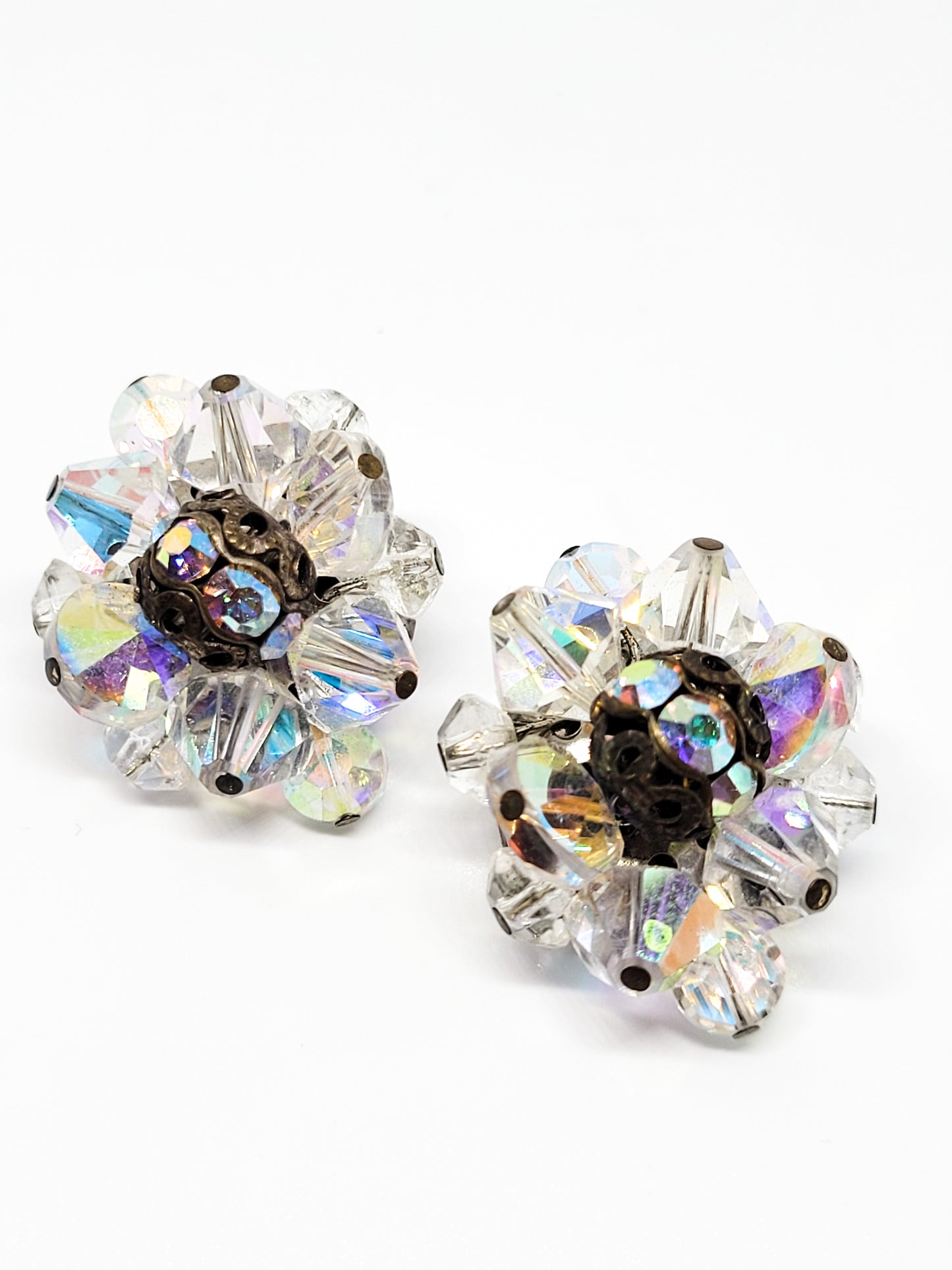 Austrain crystal brass beaded aurora borealis rhinestone clip on vintage earrings