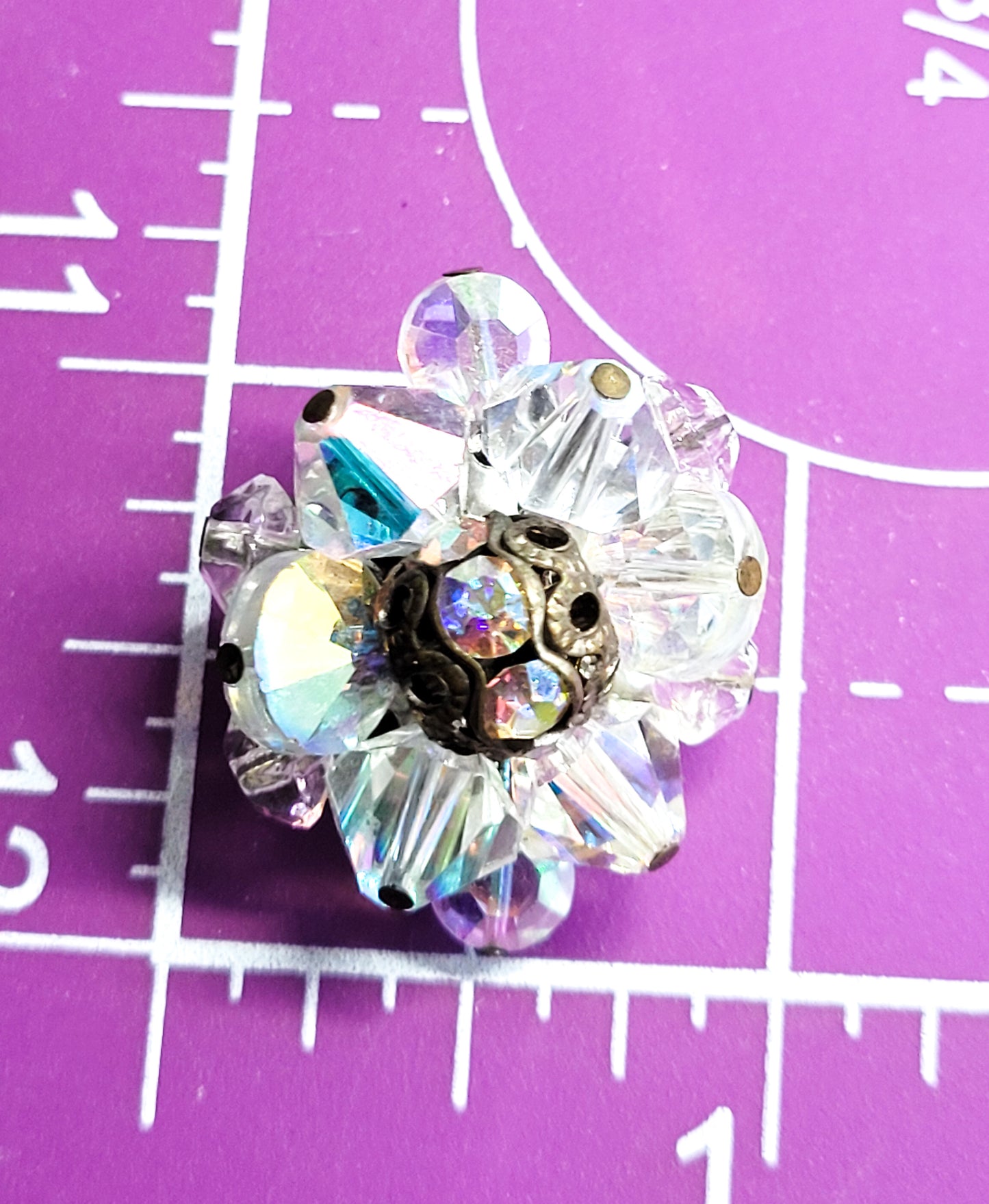 Austrain crystal brass beaded aurora borealis rhinestone clip on vintage earrings