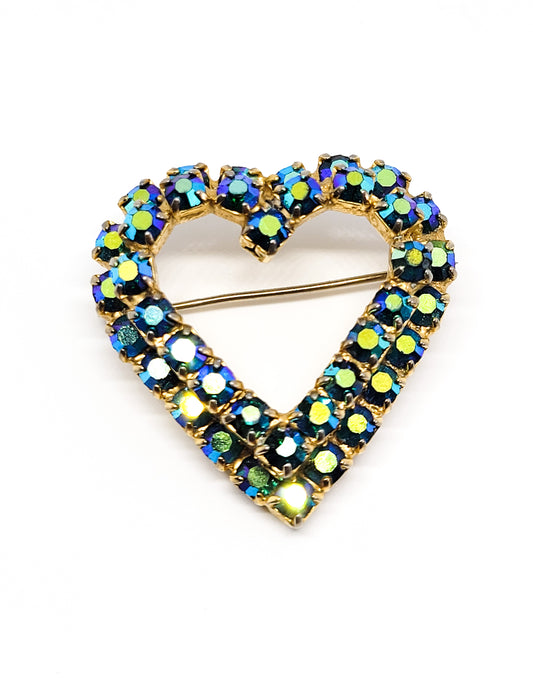 Peacock Aurora Borealis rainbow rhinestone double heart vintage brooch