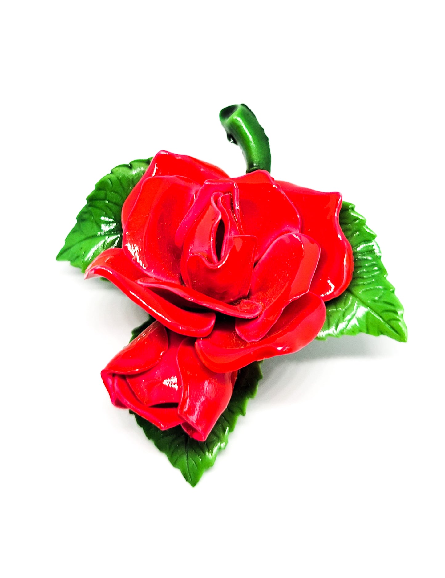 Red Rose Enamel painted vintage brooch with green leaf accents
