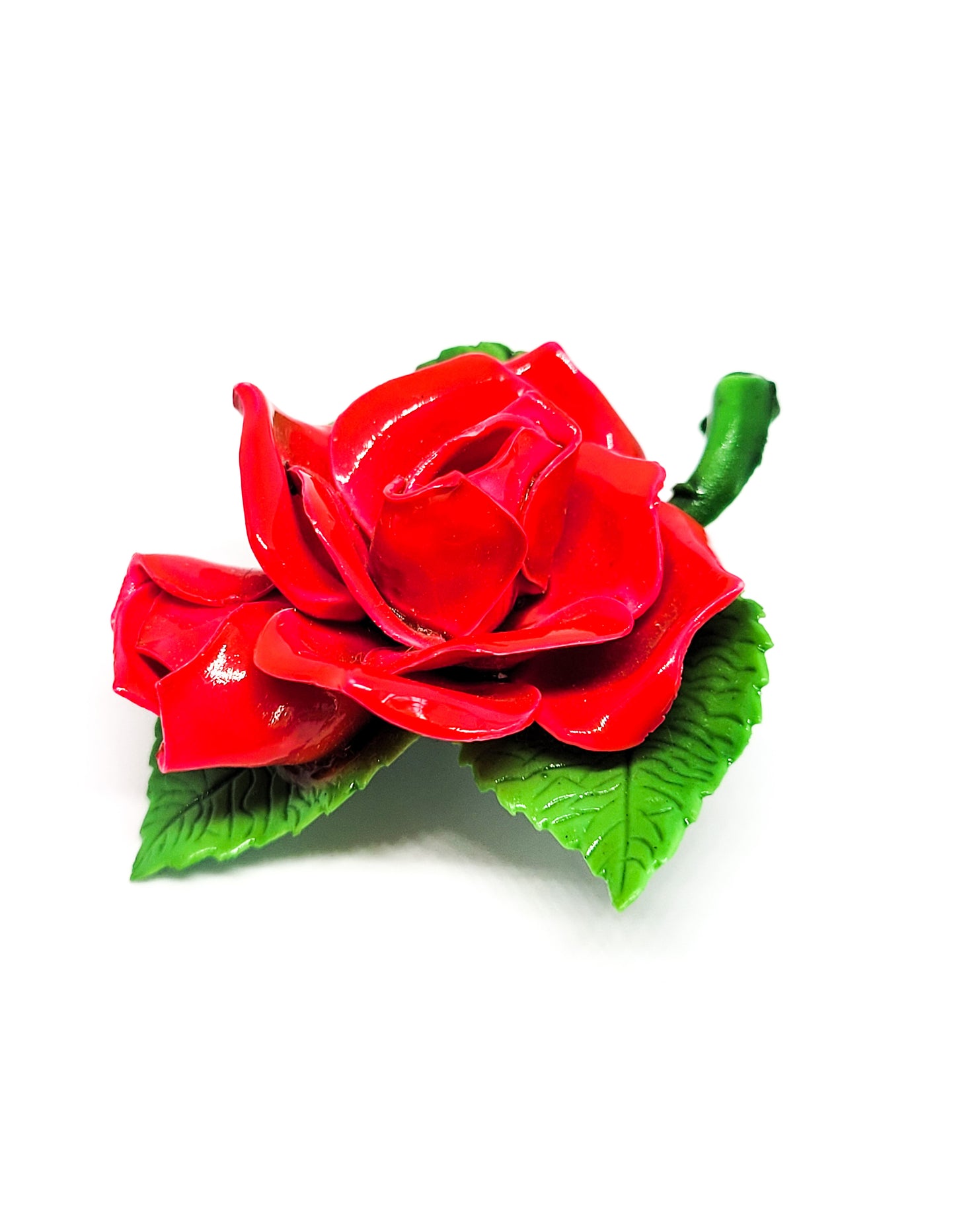 Red Rose Enamel painted vintage brooch with green leaf accents