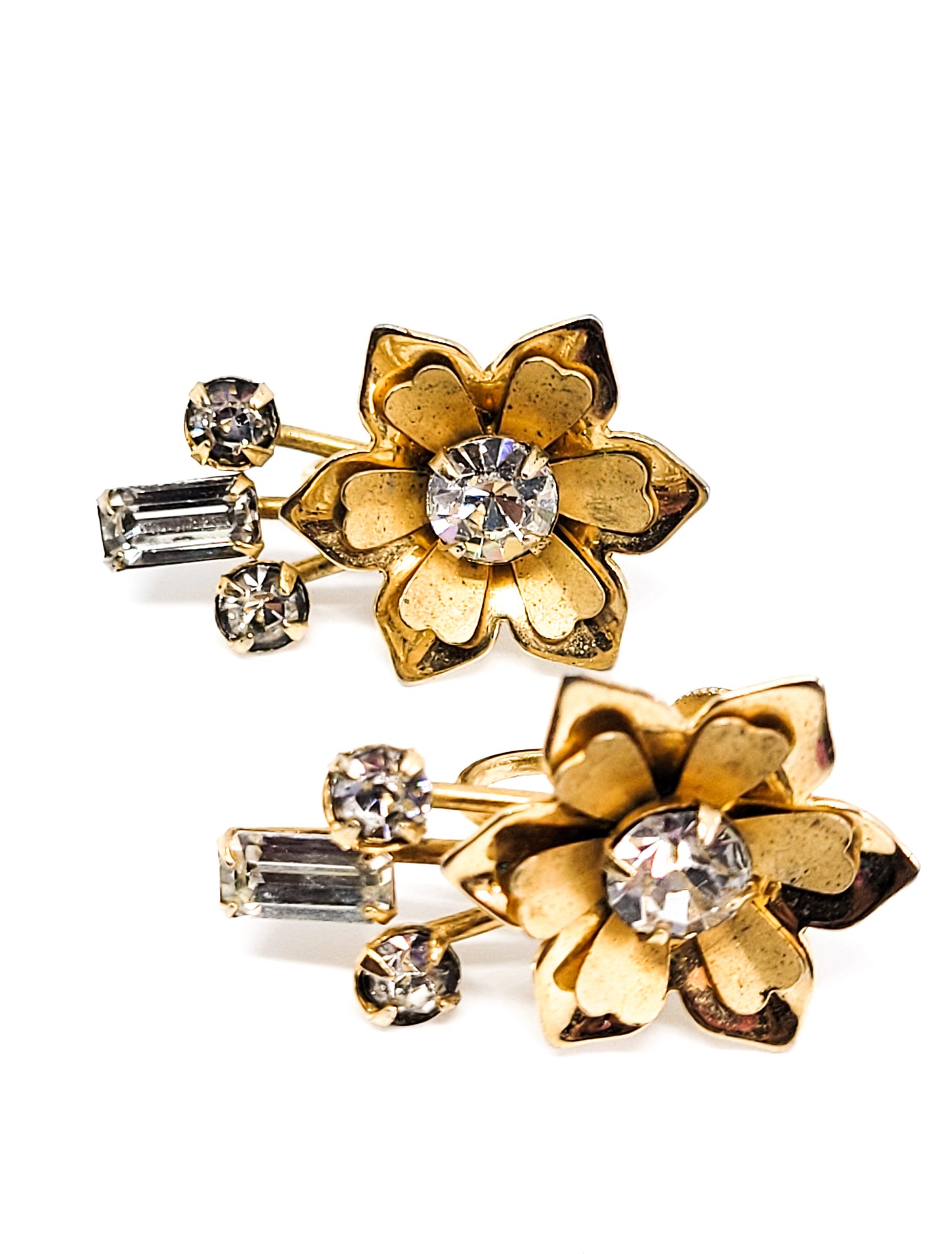 Happy flower Gold Filled and clear rhinestone vintage screw earrings