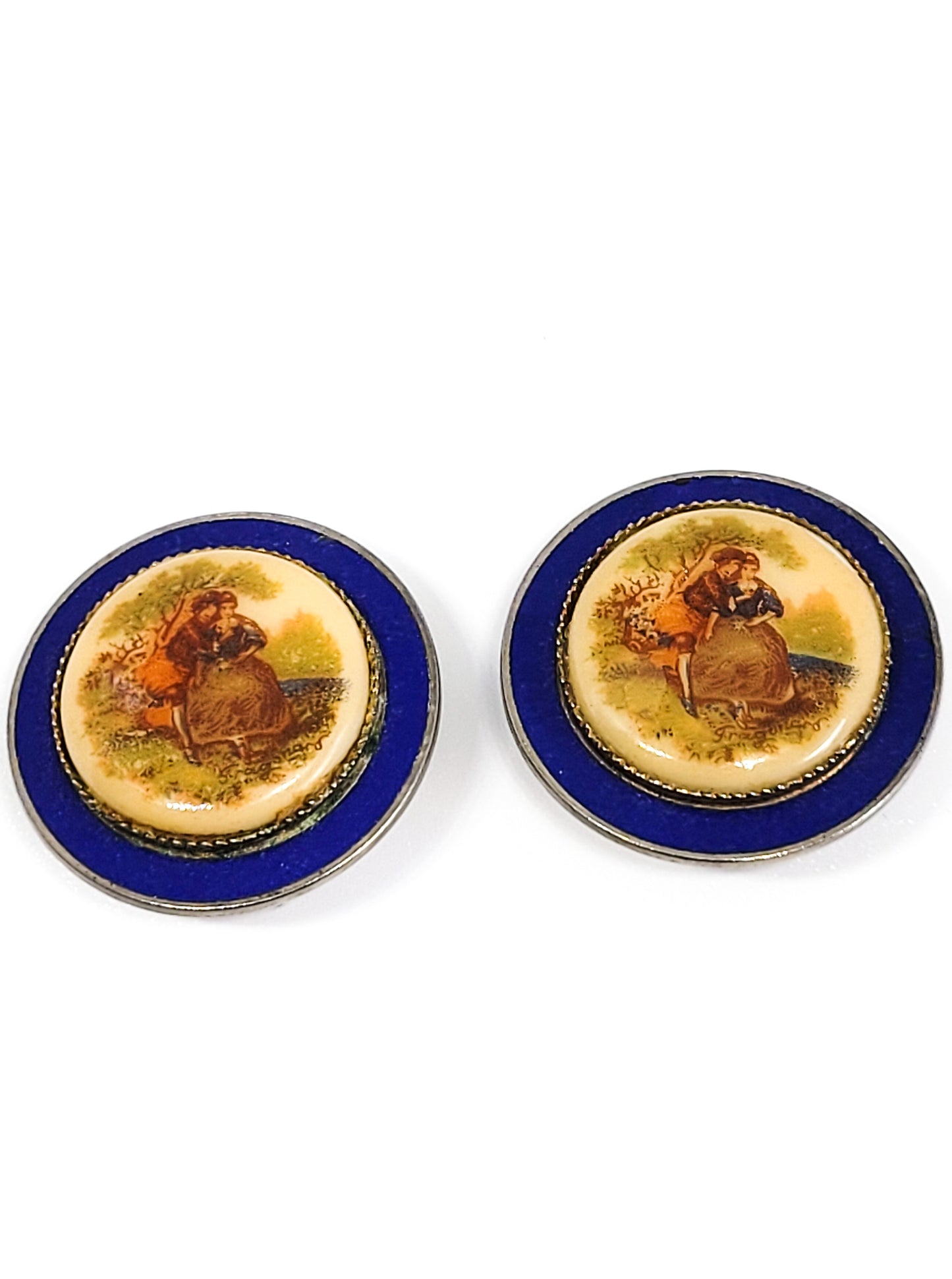 Courting couple porcelain blue enamel limoges style clip on earrings vintage