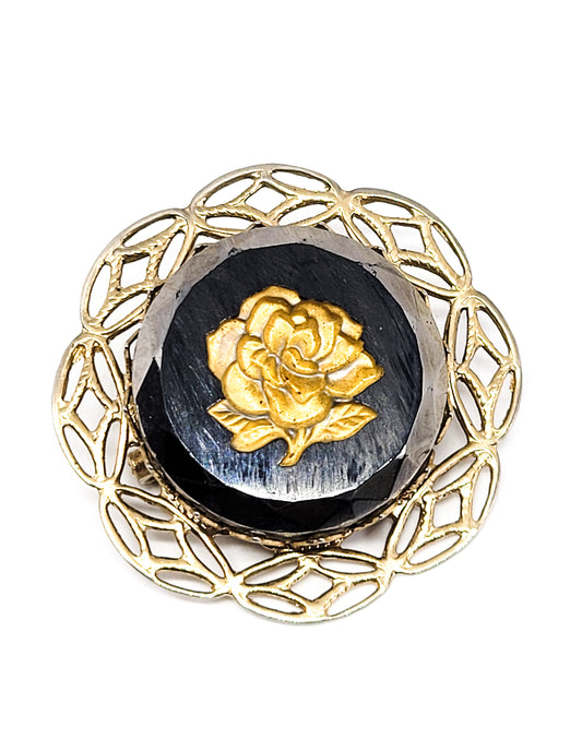 Reverse Carved gold Rose hematite glass vintage brooch