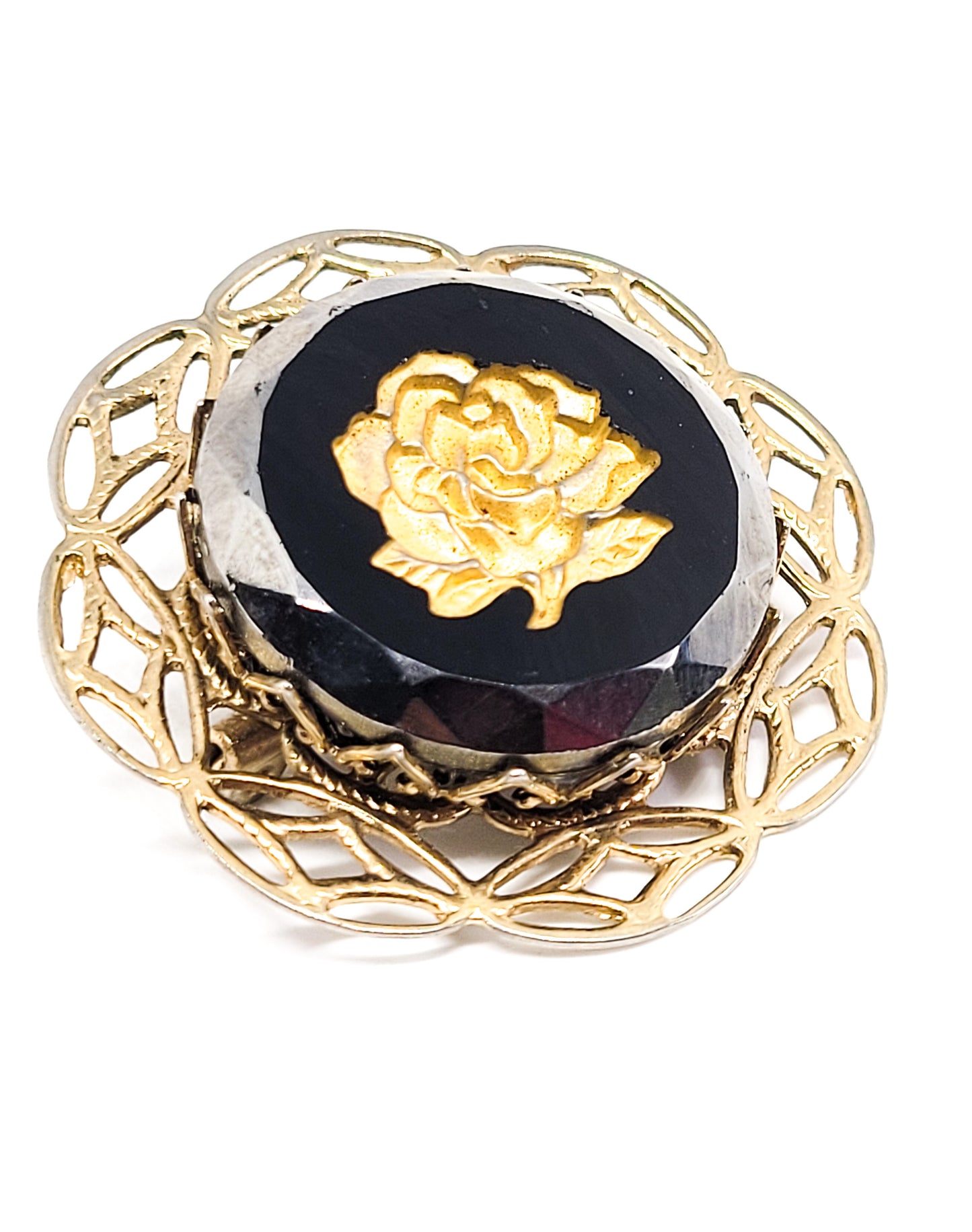 Reverse Carved gold Rose hematite glass vintage brooch