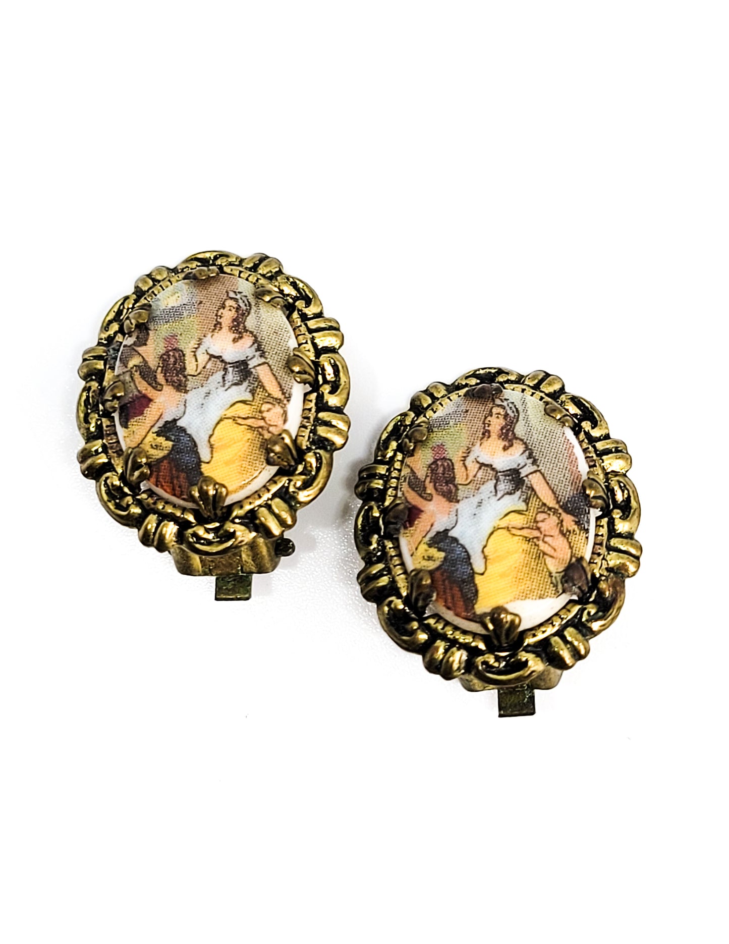 West Germany courting couple transferware vintage clip on earrings