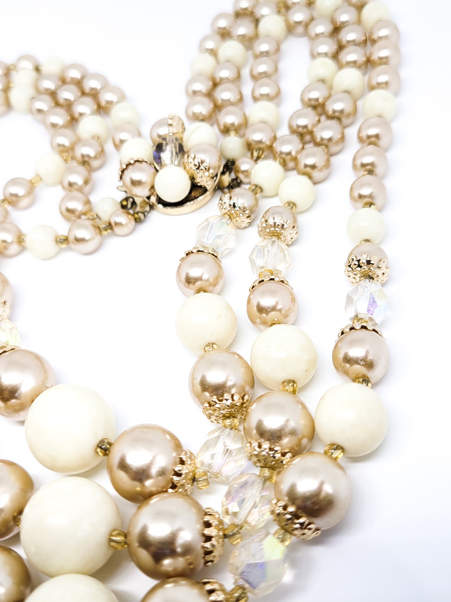 Shades of cream pearl Lucite Austrian crystal triple strand vintage necklace