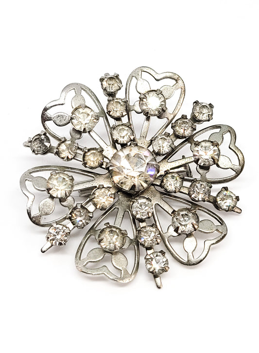 Retro mid century clear silver rhinestone flower brooch