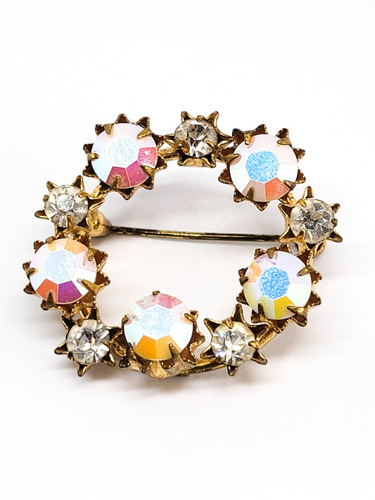 Austria pink rainbow aurora borealis vintage rhinestone circle brooch