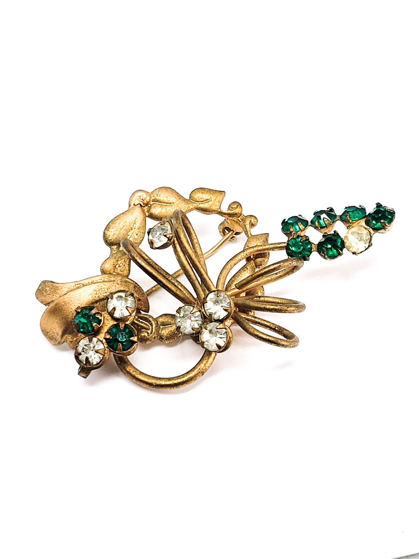 Art Deco brass and dark green rhinestone vintage holiday brooch
