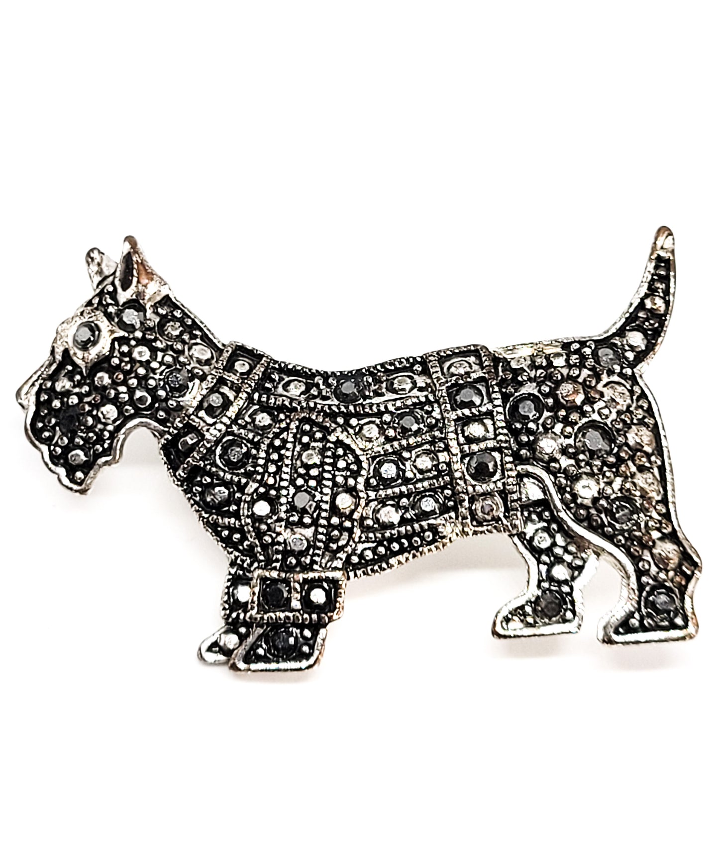 Scottie Dog vintage pot metal black and silver rhinestone brooch