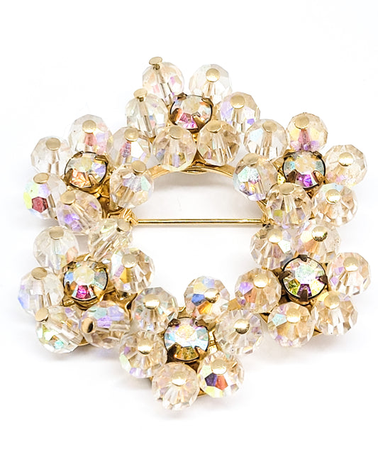 Austrian crystal flower Aurora borealis rhinestone vintage circle brooch Estate