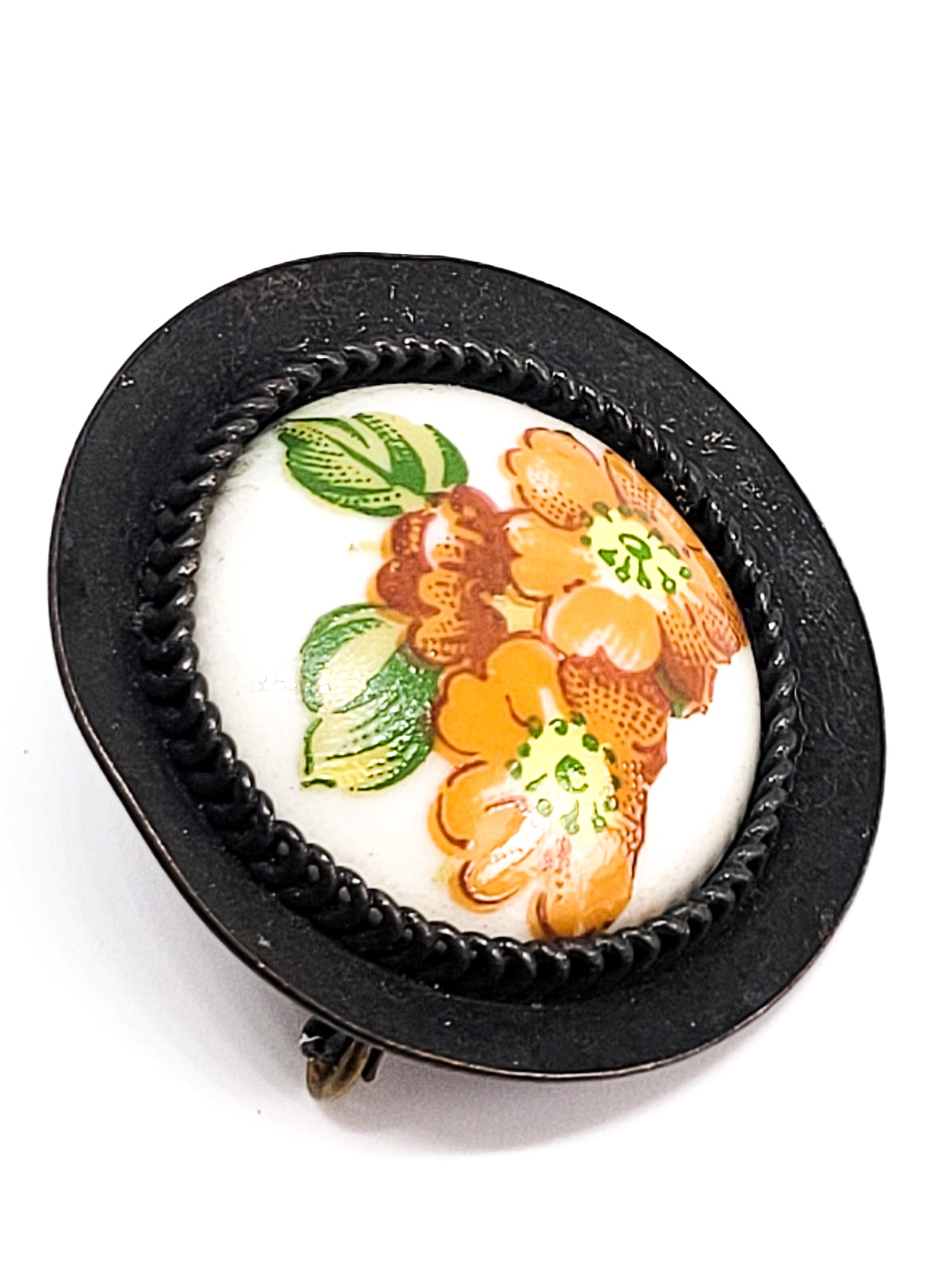 Retro painted porcelain orange poppy flowers japanned vintage brooch