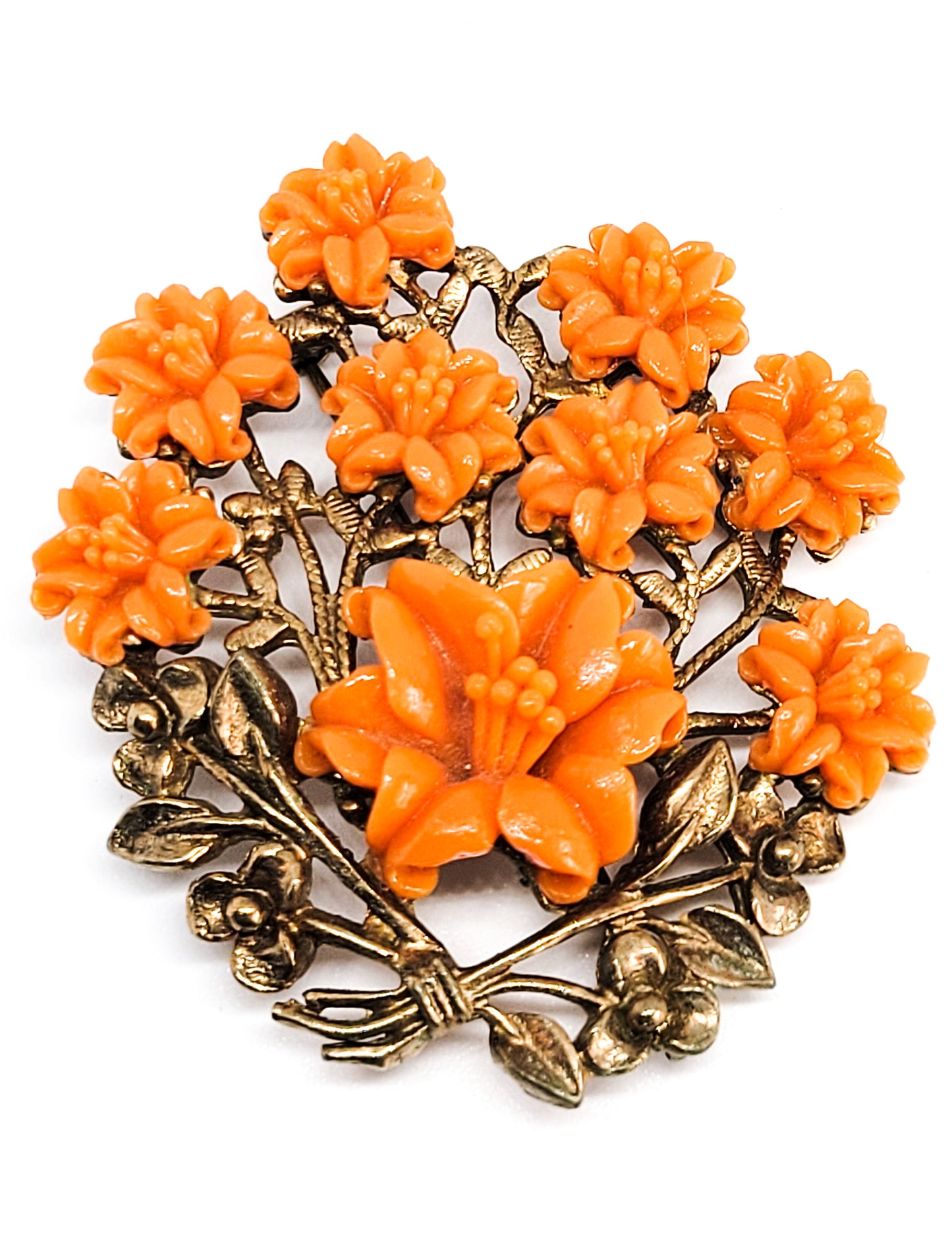 Coral molded celluloid vintage mid century flower brooch