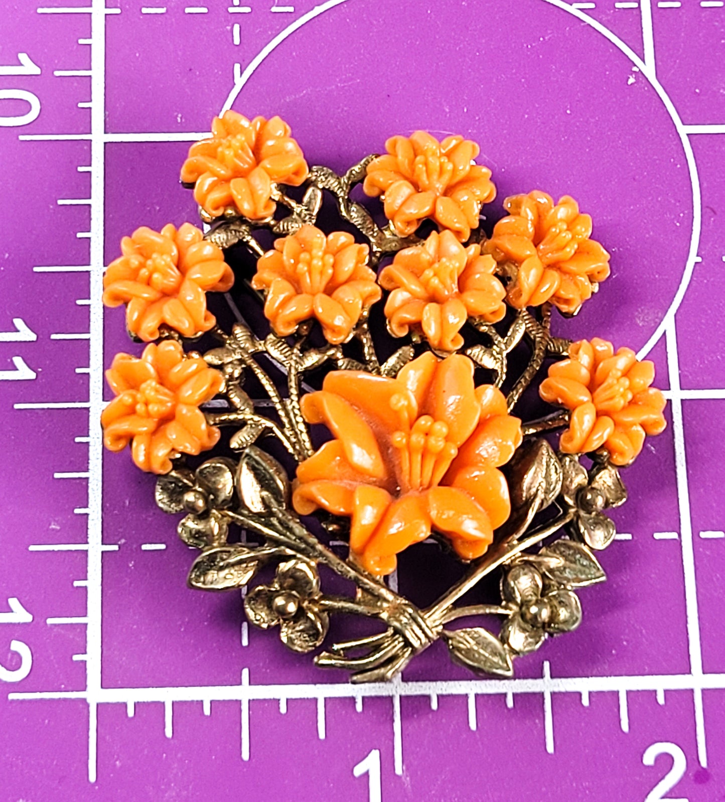 Coral molded celluloid vintage mid century flower brooch