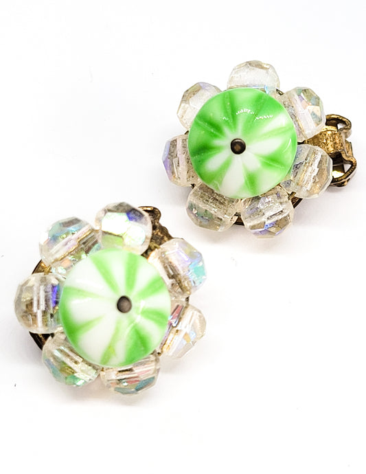 Green and white peppermint Czech glass crystal clip on vintage earrings